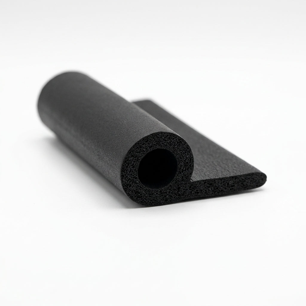 Black sponge rubber hollow section with round bead and flat tail, studio shot