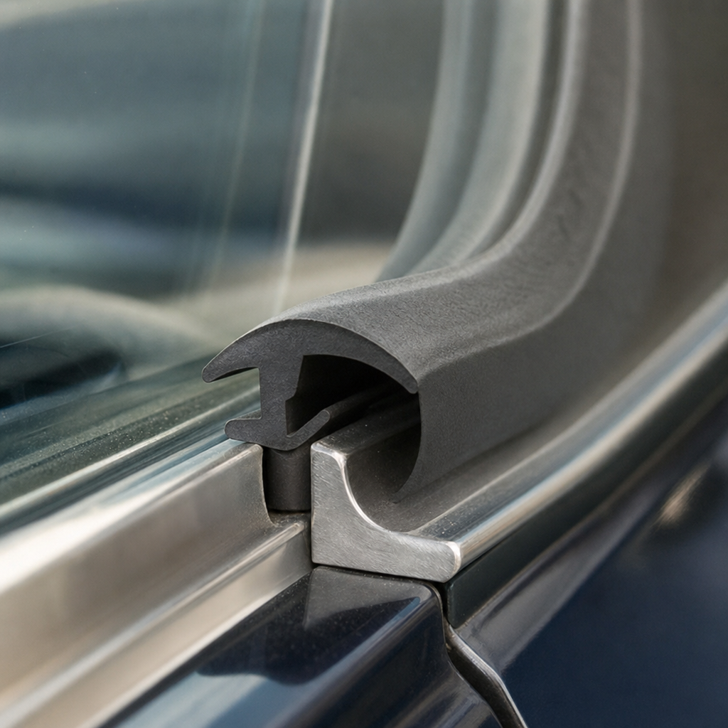 Windscreen seal fitted along a car's window edge with chrome trim, close-up render
