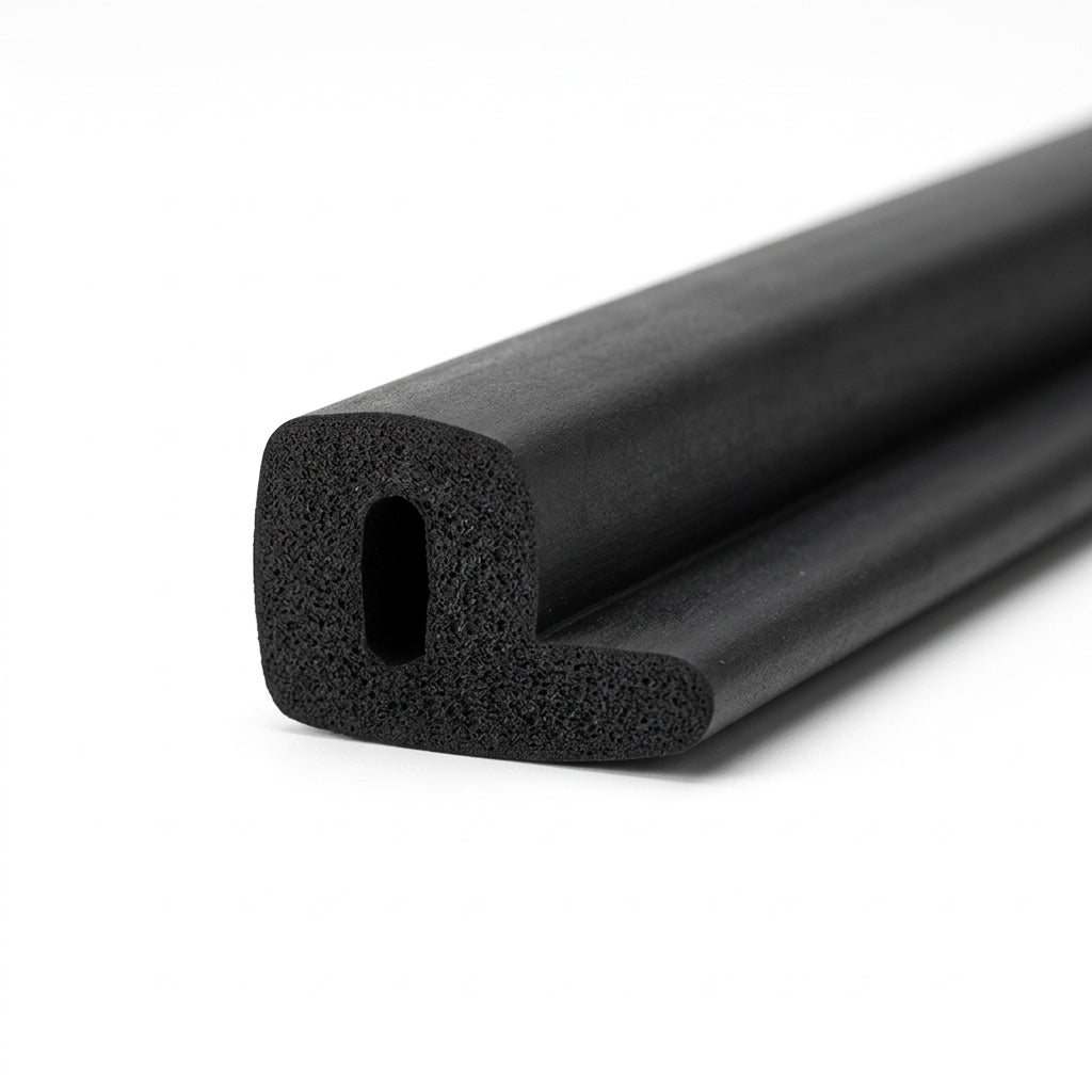 Black sponge rubber seal with side flange, cut end showing hollow bore