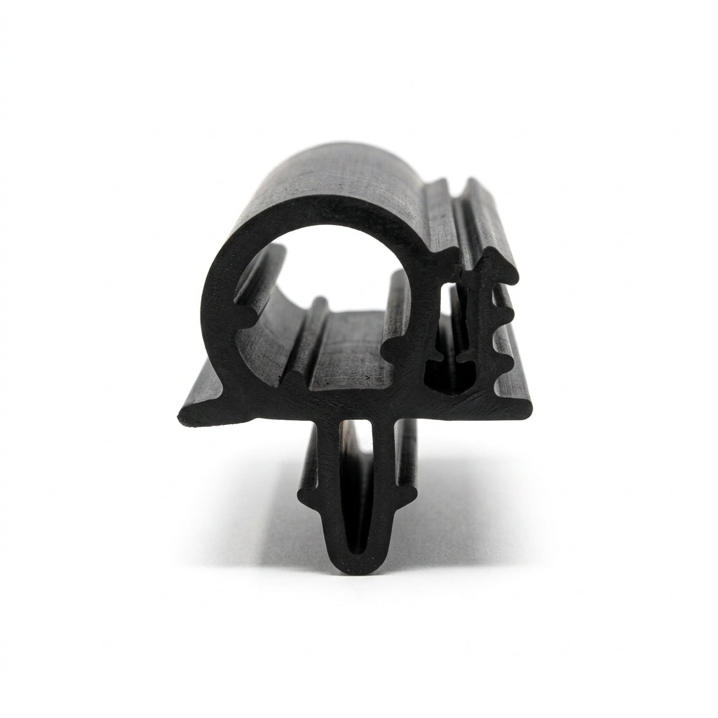 Black windscreen seal profile, front-on view showing circular glass channel