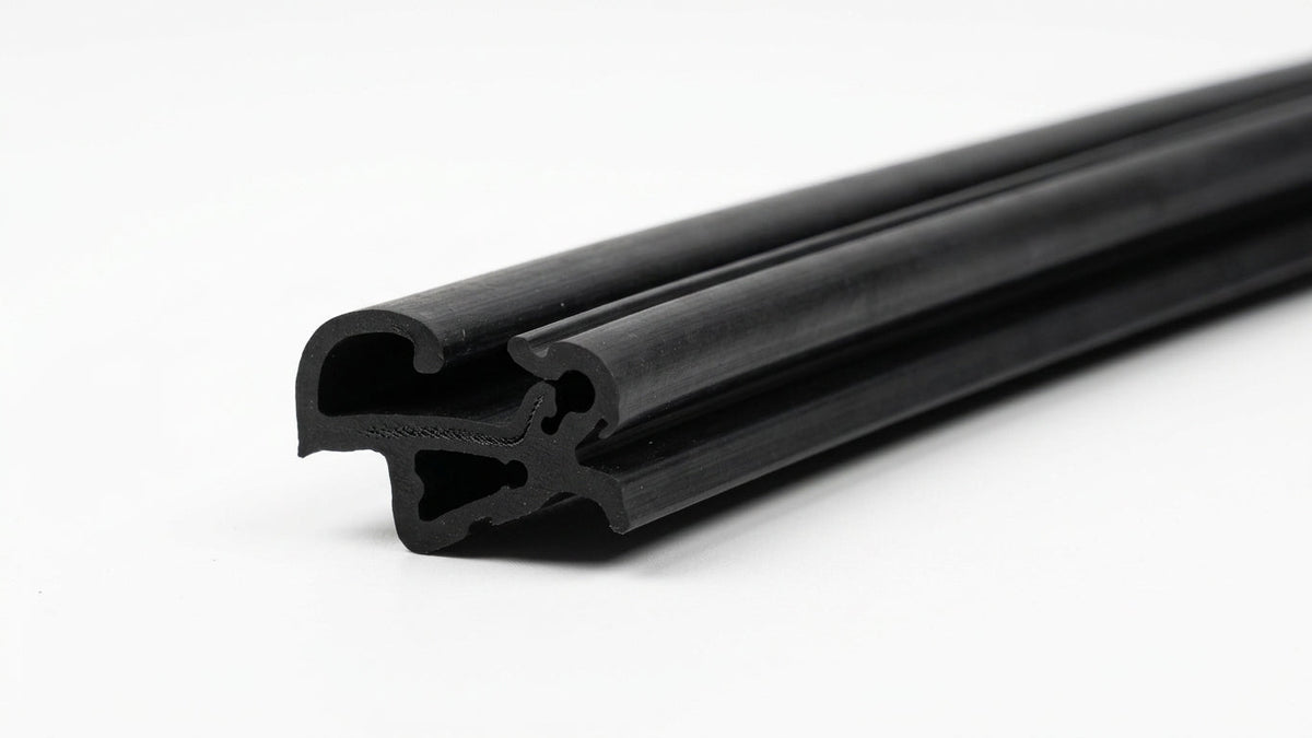 Black windscreen seal profile with locking channel, angled studio shot