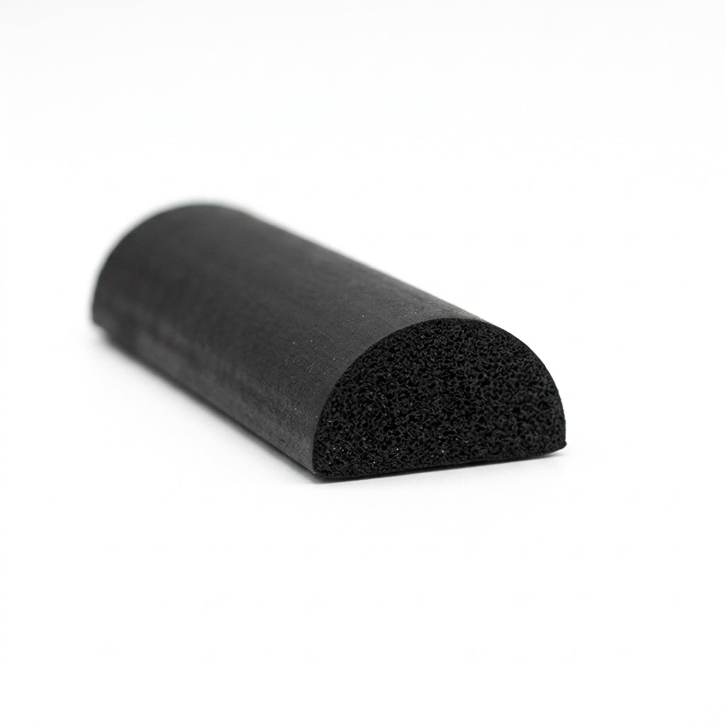 Black half-round sponge rubber strip on white background, cut end showing porous texture