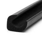 Black sponge rubber seal with U-shaped channel, angled length on white background