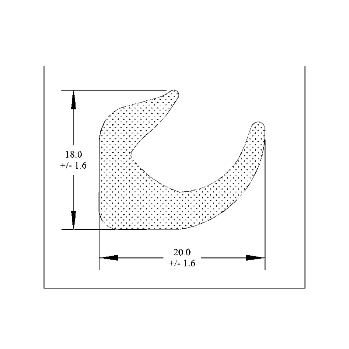 Technical diagram of hooked sponge seal profile with 18.0mm and 20.0mm dimensions