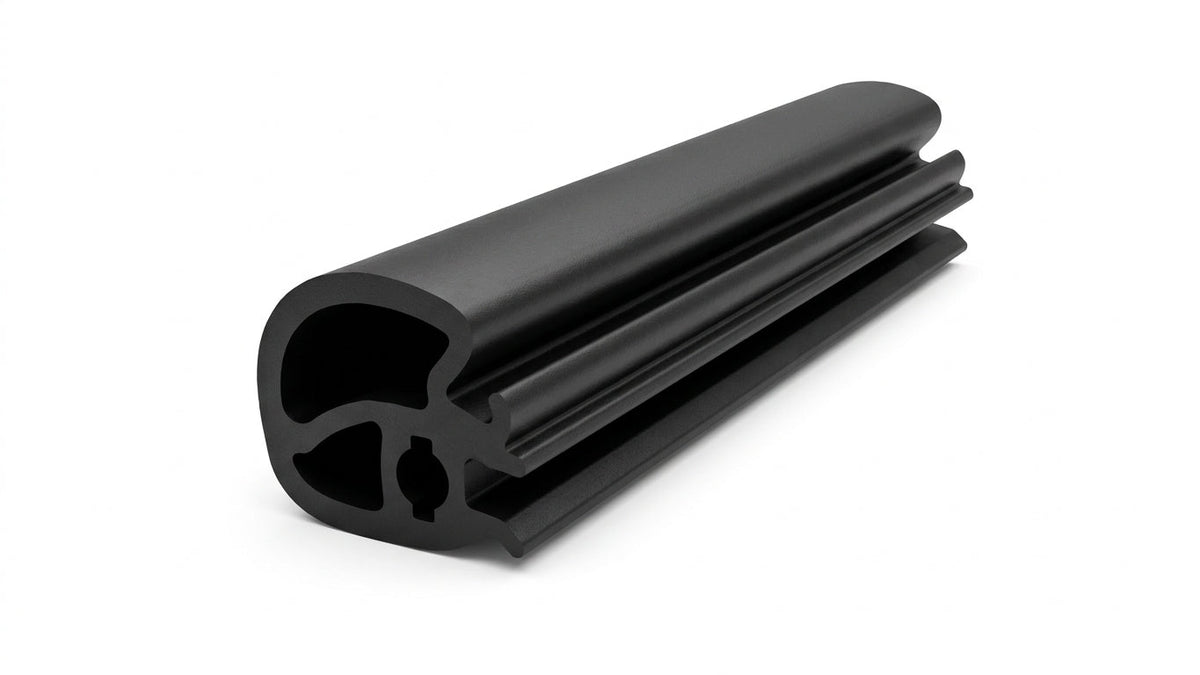 Rounded black rubber tailgate seal profile, angled studio shot, white background