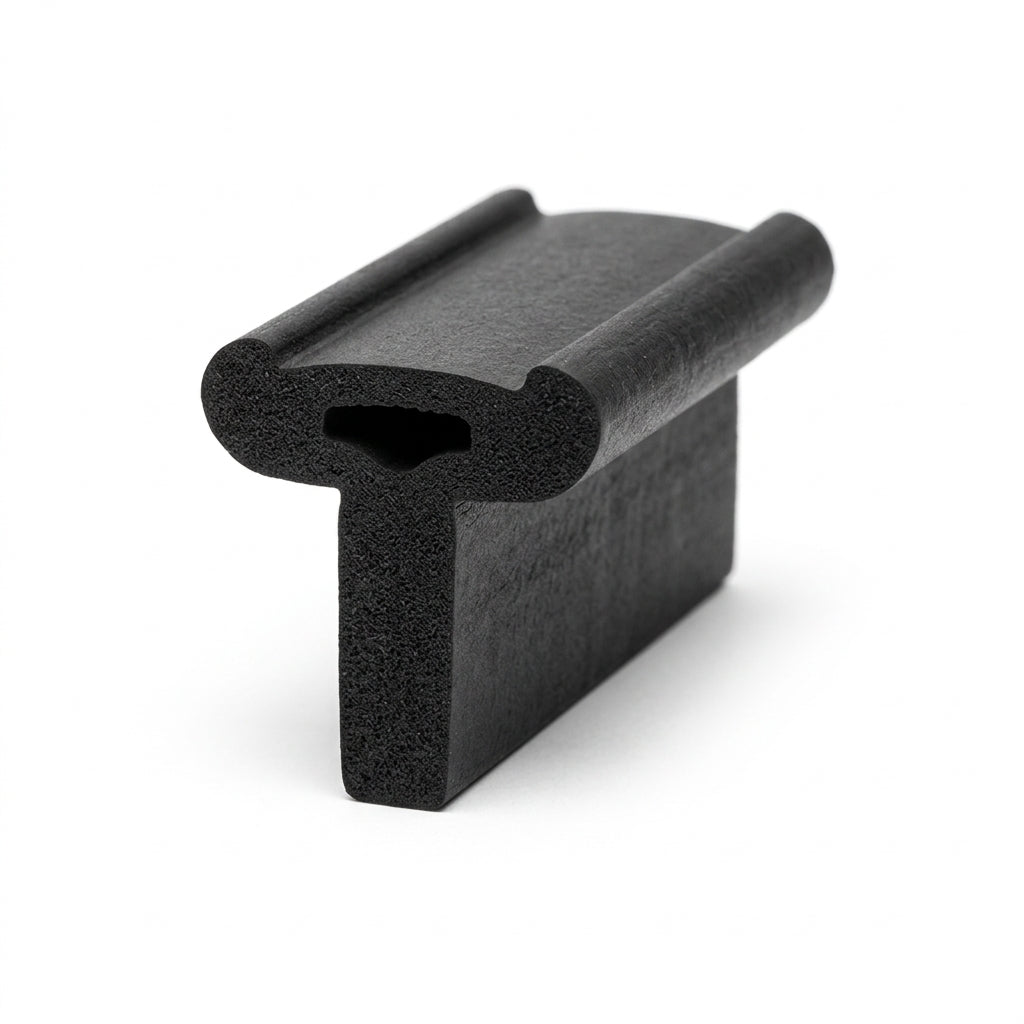 Black EPDM sponge strip with T-shaped profile, angled studio shot