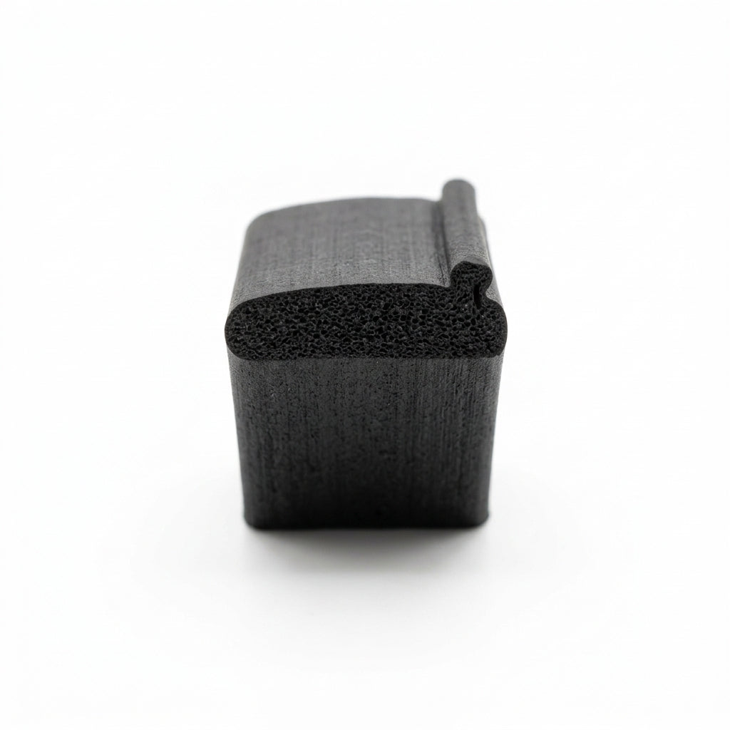 Black expanded EPDM sponge strip, end-on studio shot showing the lipped profile