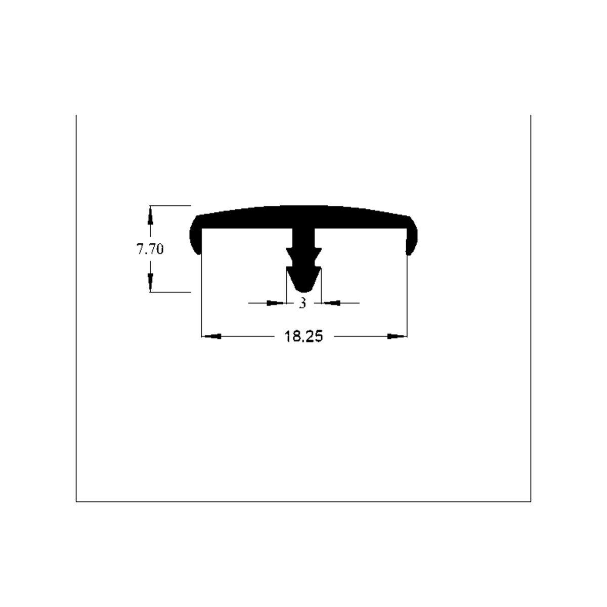Technical diagram of the T-shaped trim profile with 18.25mm width and 7.70mm height