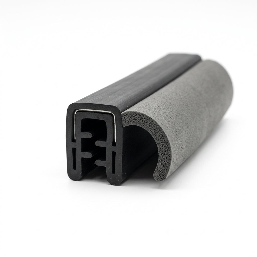 Cut length of black self grip rubber trim with metal-reinforced grip and grey sponge bulb, angled shot