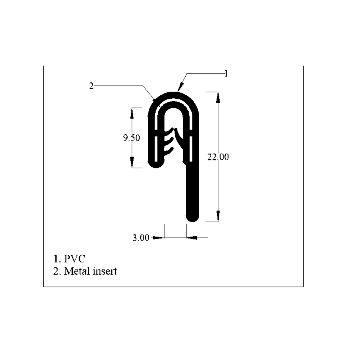 Cross-section diagram labelled PVC and metal insert, showing hooked bulb and long tail, mm dimensions