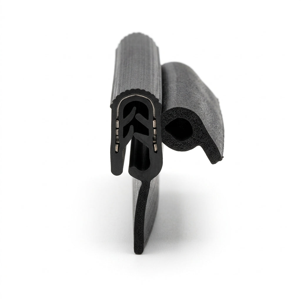 Upright self grip side seal showing a long pointed solid rubber tail alongside the sponge bulb