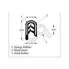 Cross-section diagram of side seal with long solid rubber tail, metal insert and sponge bulb, mm dims