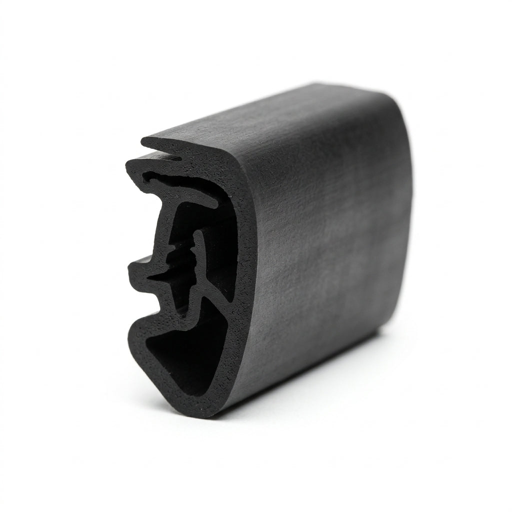 End-on cut view of black rubber seal with internal metal grip teeth