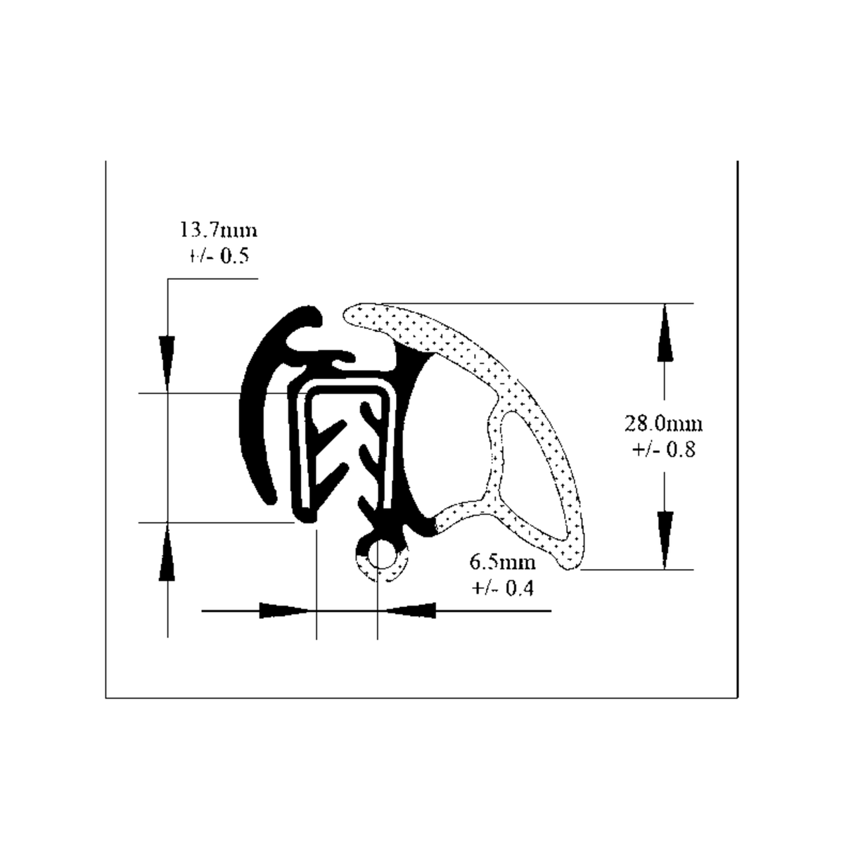 Technical diagram of self-grip side seal, dimensioned 28.0mm x 13.7mm