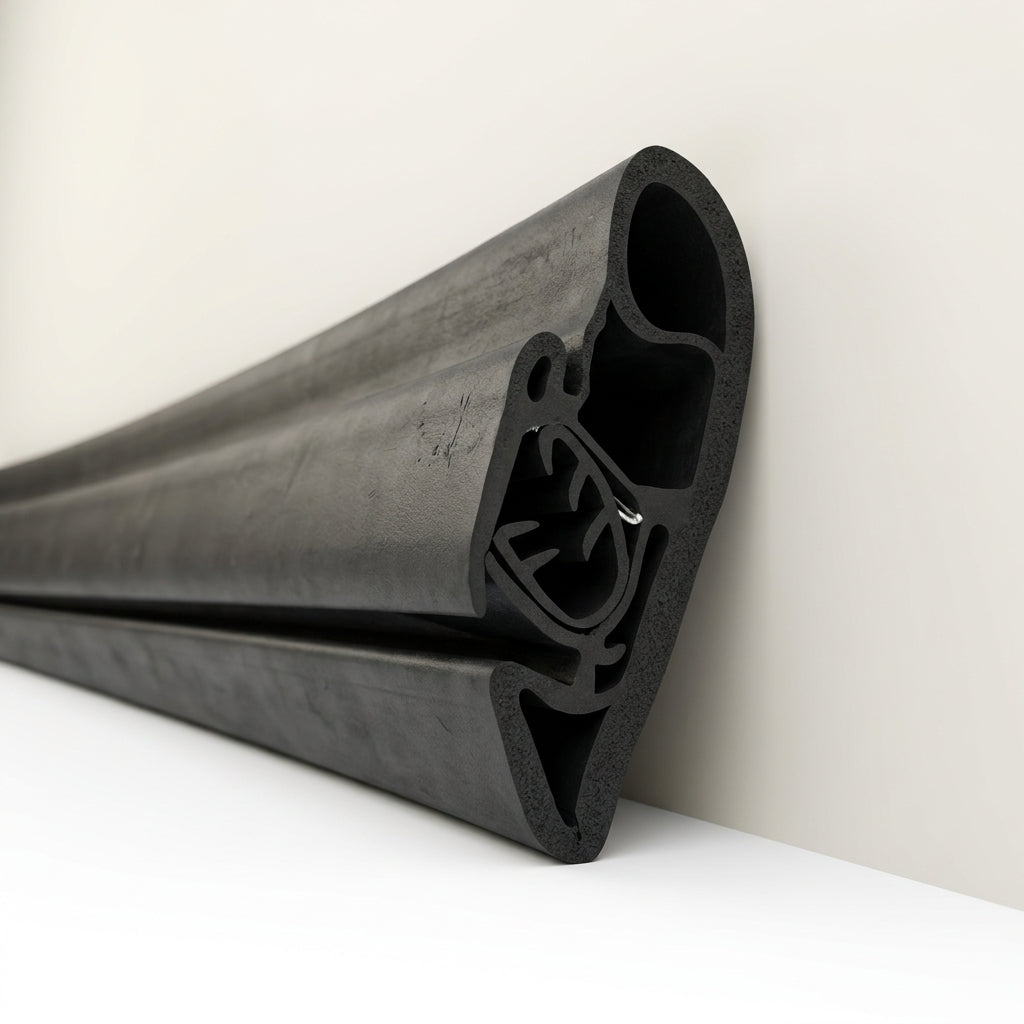 Angled view of black rubber seal length propped against a wall, showing clip end