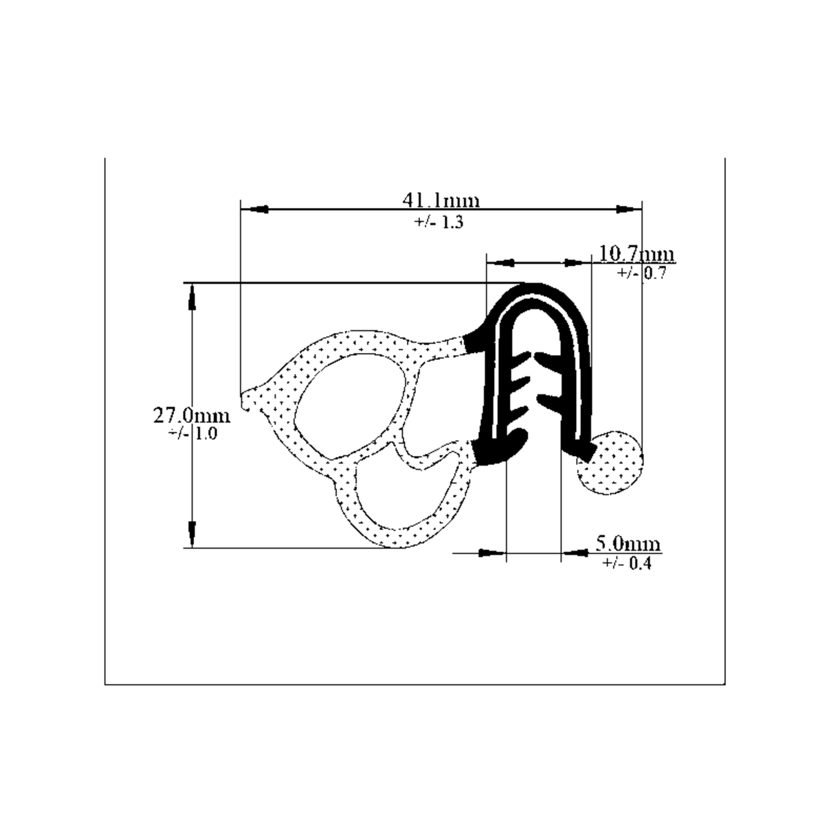 Technical drawing of self grip door seal profile with dimensions 41.1mm and 27.0mm