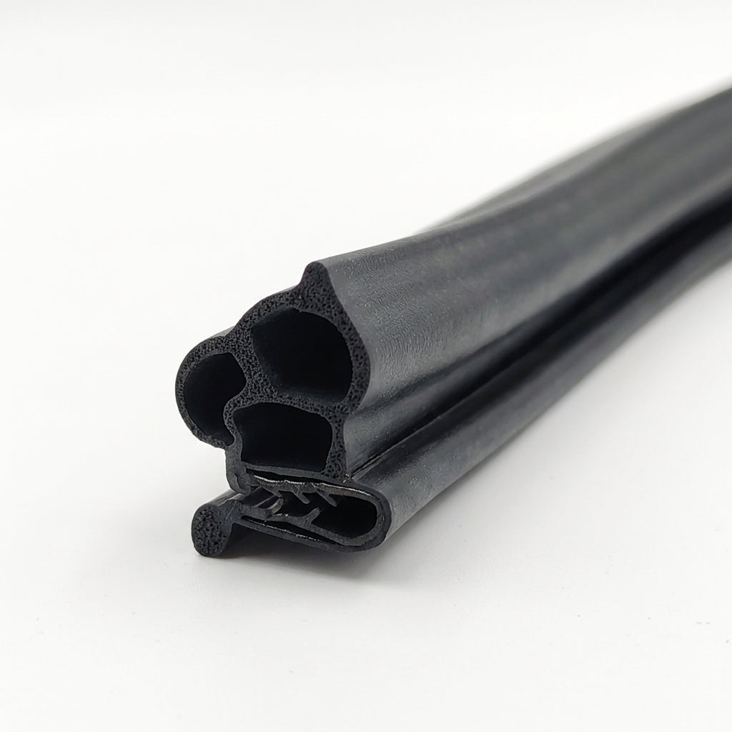 Black rubber door seal, end-on view showing the multi-chamber profile
