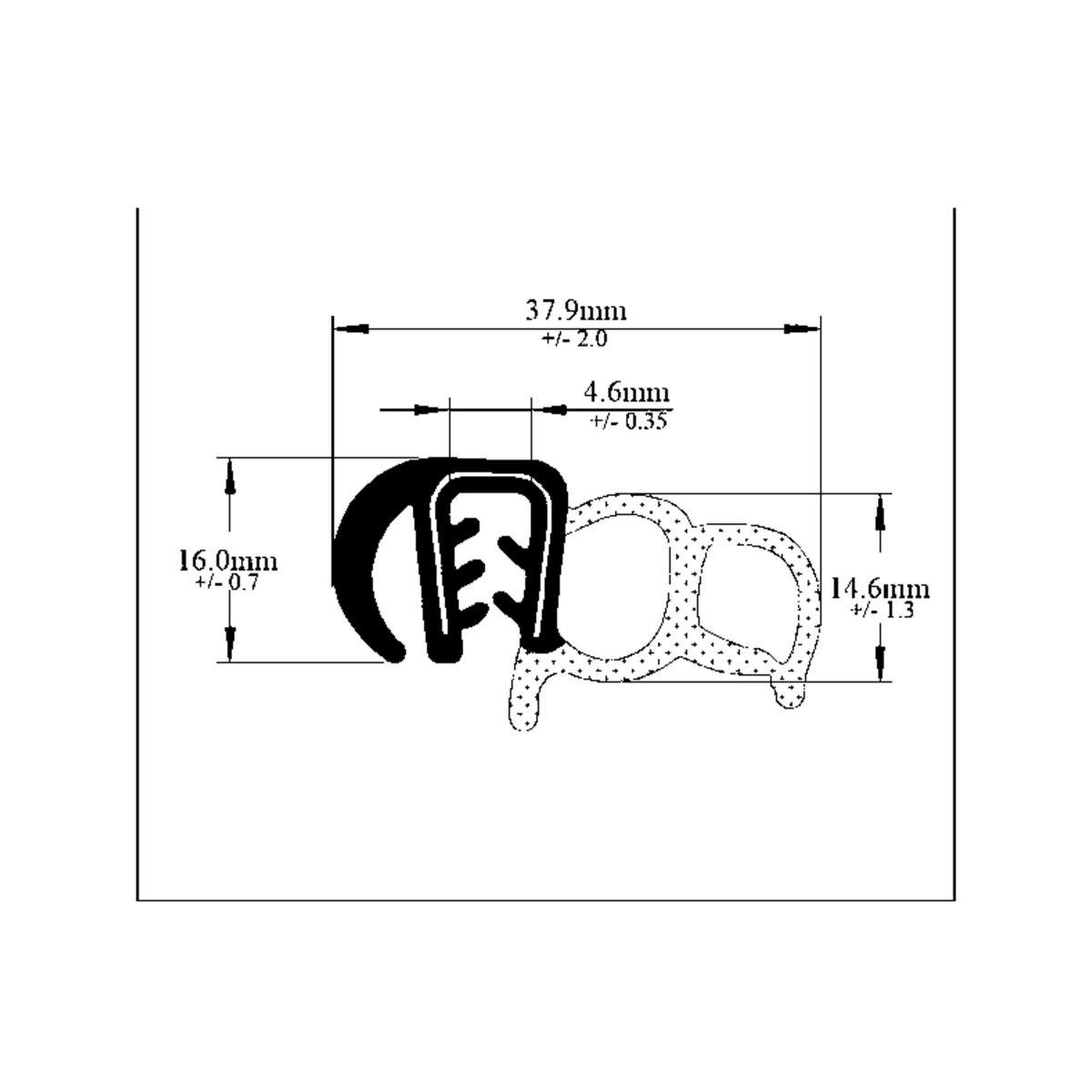 Technical diagram of double side seal fitted over a panel edge, dimensioned
