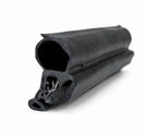 End-on view of black rubber seal showing hollow bulb and metal grip teeth