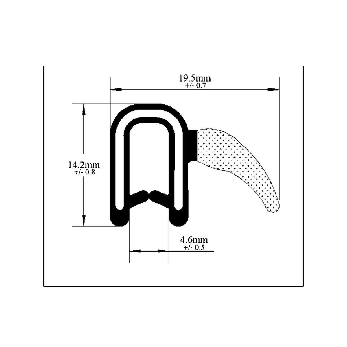 Cross-section diagram of self-grip side seal, 19.5mm x 14.2mm, lip 4.6mm