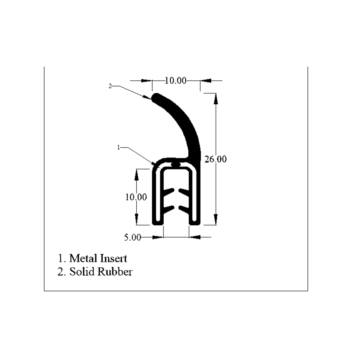 Technical line drawing of top tail seal profile with metal insert, dimensions in mm