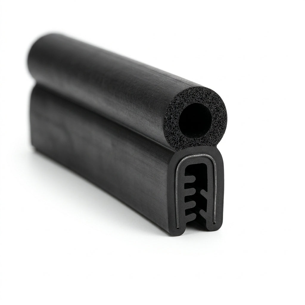 Black rubber self-grip seal with round sponge bulb and U-shaped gripping channel