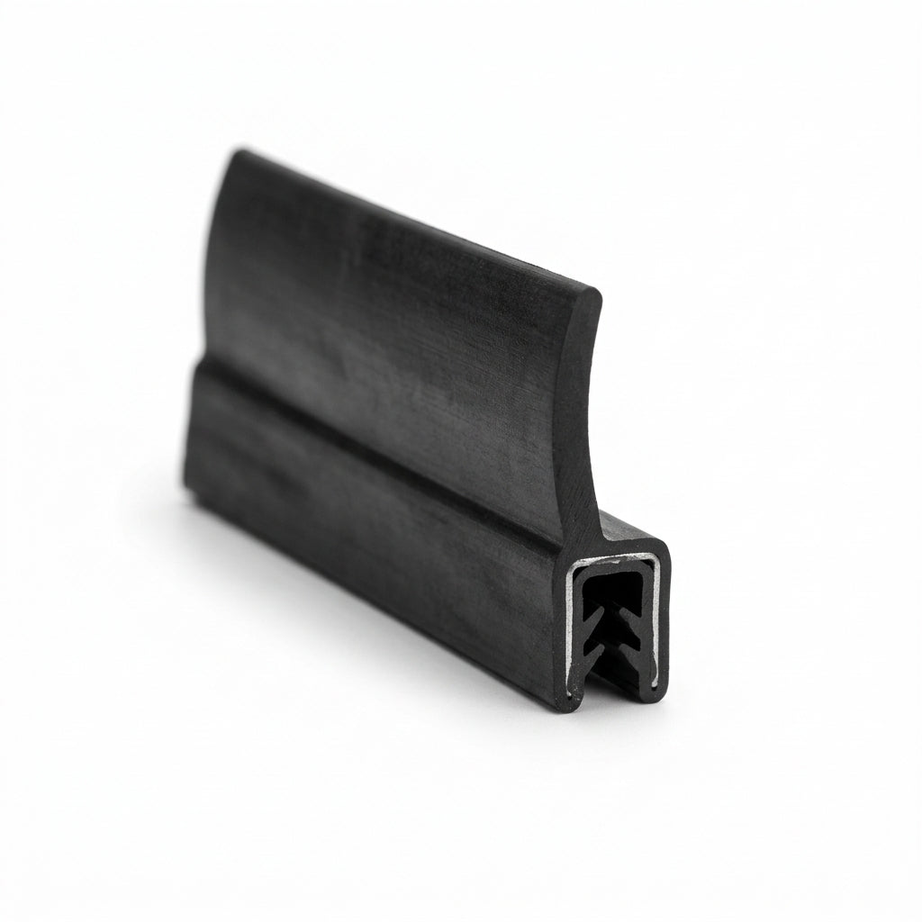 Black rubber edge trim with flared lip and metal insert channel, angled studio shot