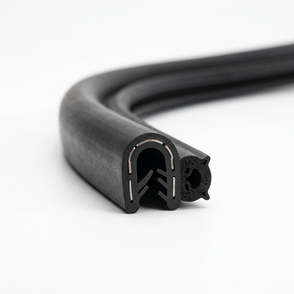 Self grip side seal bent into a right-angle corner, showing toothed grip and round sponge bulb