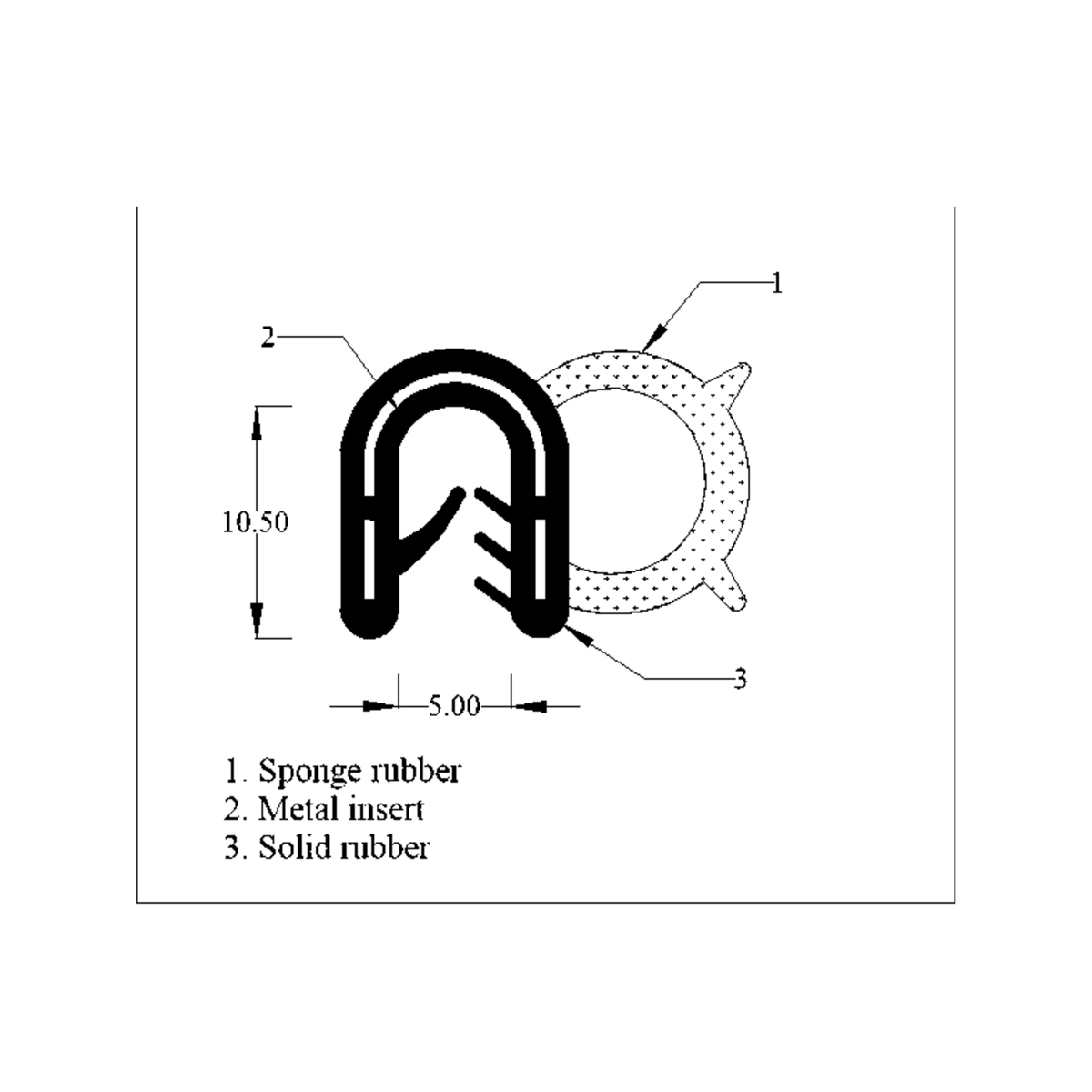 Cross-section diagram of side seal with round sponge bulb and toothed metal grip, mm dimensions