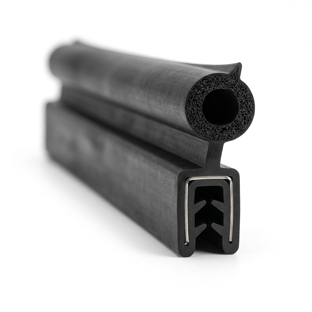 Black rubber edge trim with hollow bulb and metal insert channel, studio shot