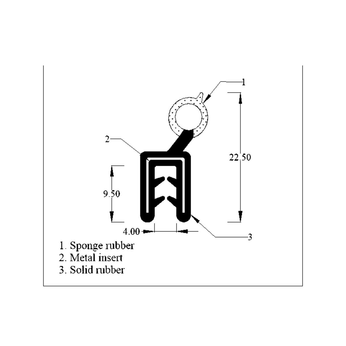 Technical diagram of sponge bulb seal with metal insert, 22.50, 9.50 and 4.00mm dimensions