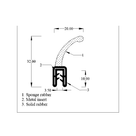 Cross-section diagram showing an elongated curved sponge tail above a metal-reinforced grip, mm dims