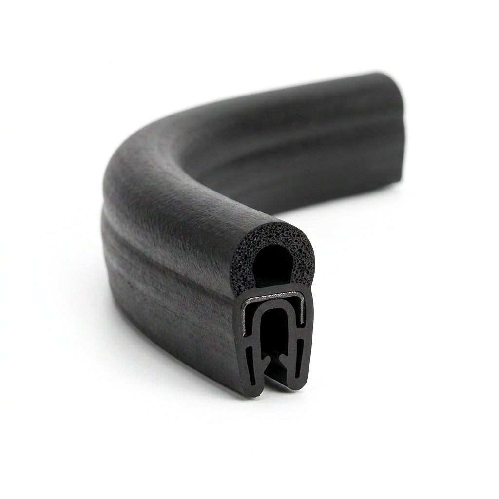Bent length of black self grip rubber seal showing domed sponge bulb and metal grip insert at cut end