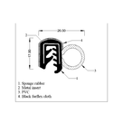 Cross-section diagram labelled sponge rubber, metal insert, PVC and black furflex cloth, mm dims