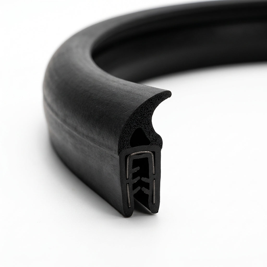 Self grip top seal bent into a full loop, showing a wave-shaped sponge tail and toothed grip