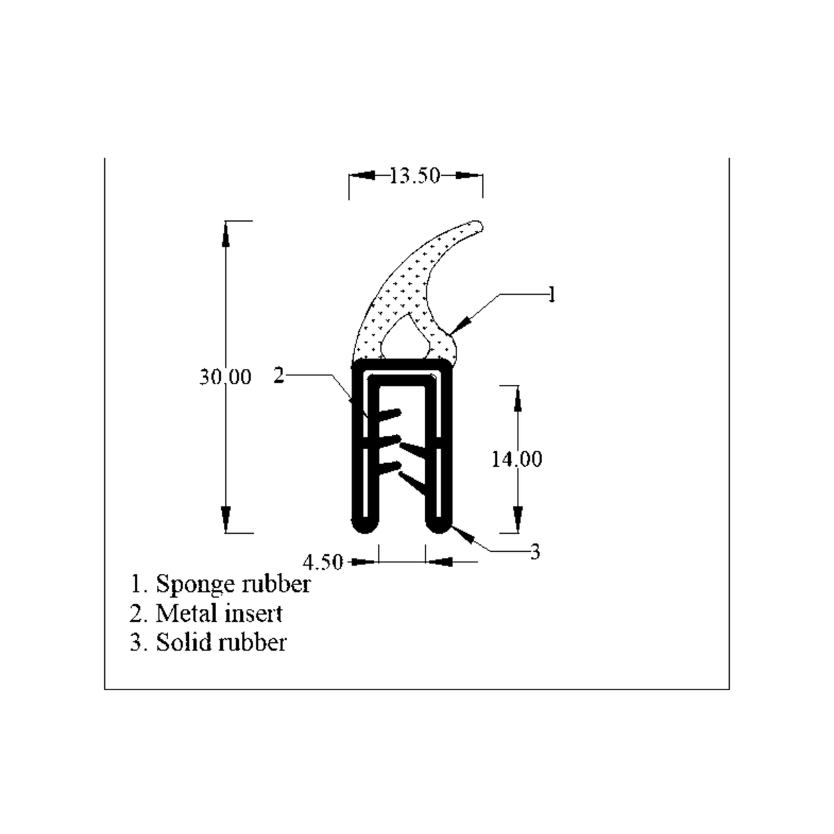 Cross-section diagram of top seal with a curved wave-shaped sponge tail and metal insert, mm dims