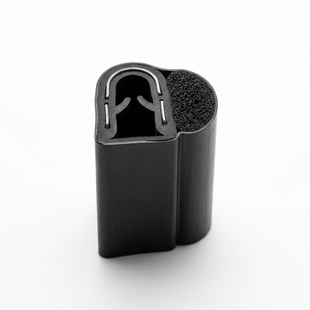 Short upright block of self grip side seal showing a D-shaped sponge bulb and smooth metal-lined grip