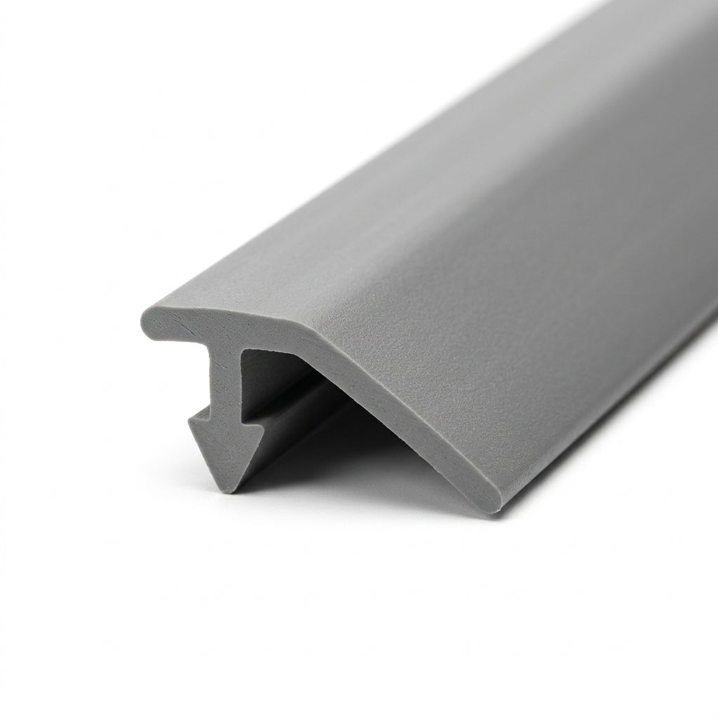 Grey PVC edge trim length shown straight, angled flag and hooked base leg