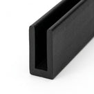 Black PVC U-shaped edge trim profile shown at an angle on a white background