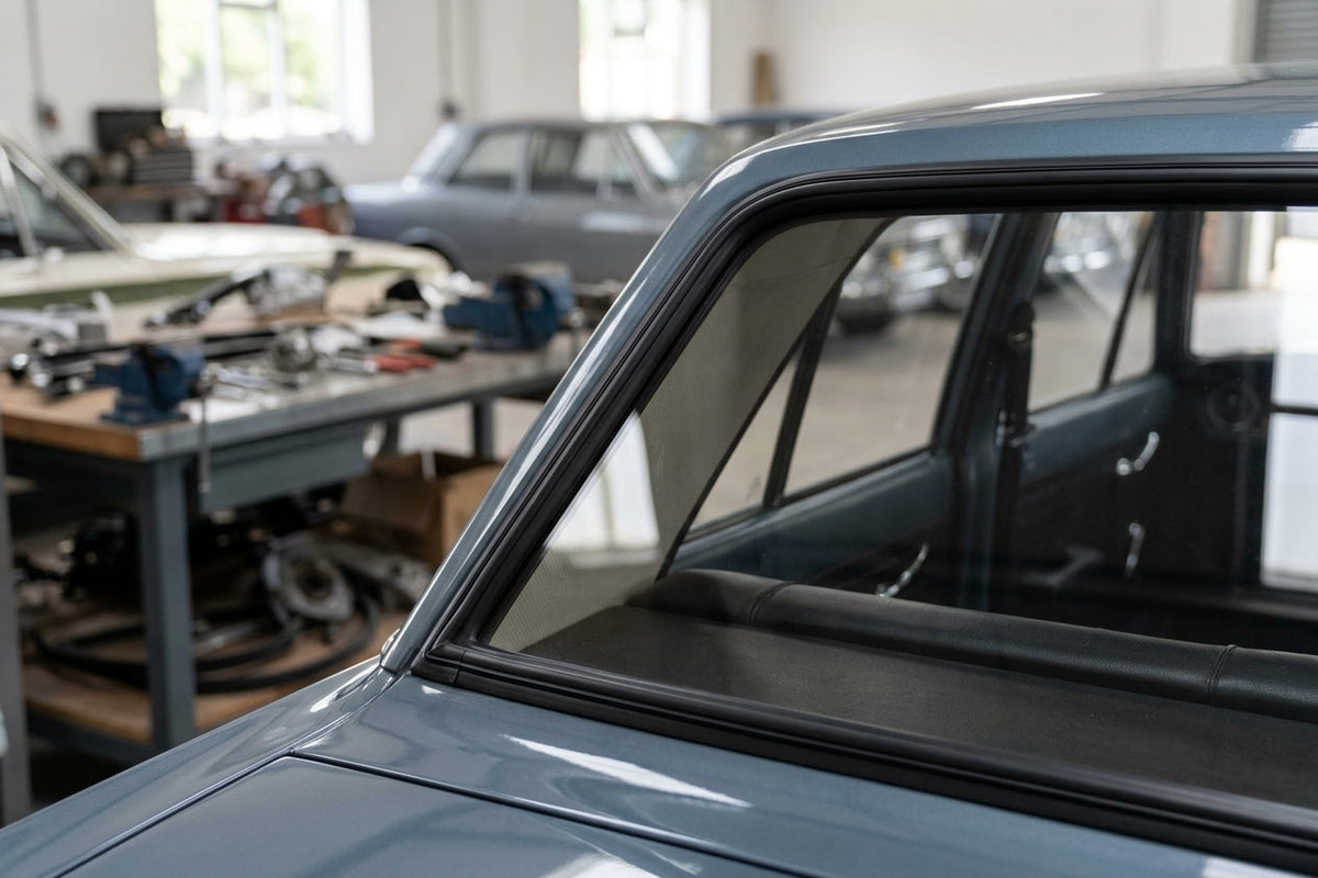 Black windscreen surround fitted to a grey-blue Cortina's screen corner, workshop