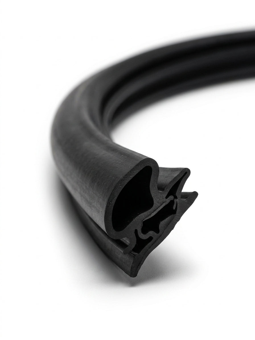 Black windscreen surround coiled into a loop, angled studio shot