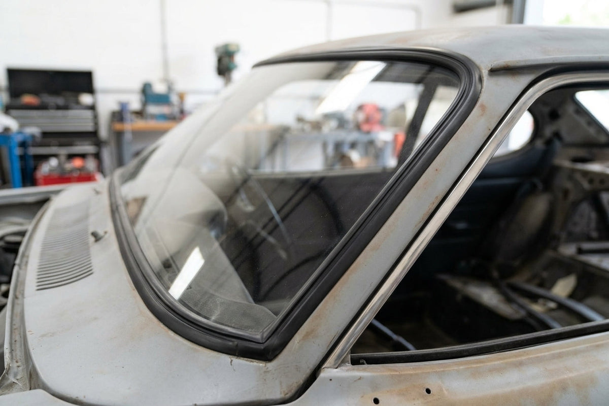 Black windscreen surround fitted around a bare metal Capri's screen, workshop