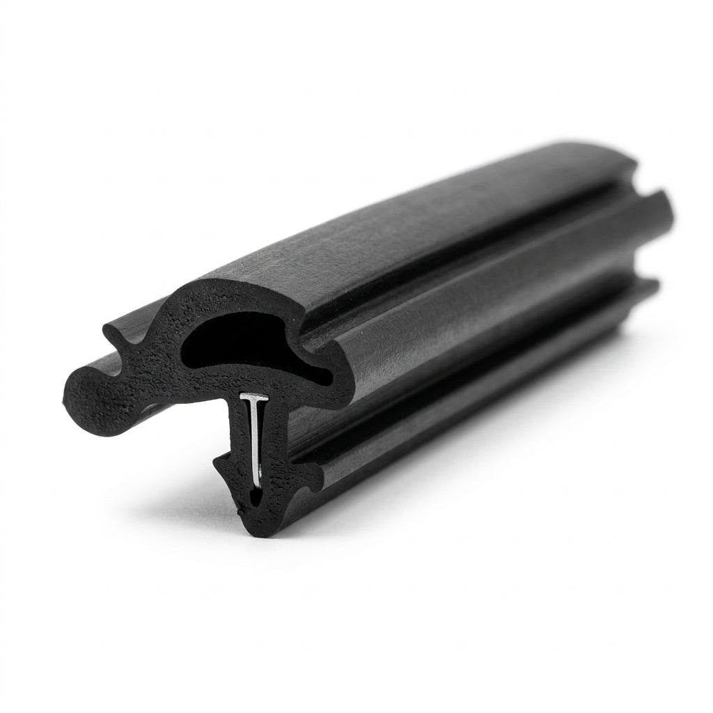 Black windscreen seal profile with metal locking strip in the channel, studio shot
