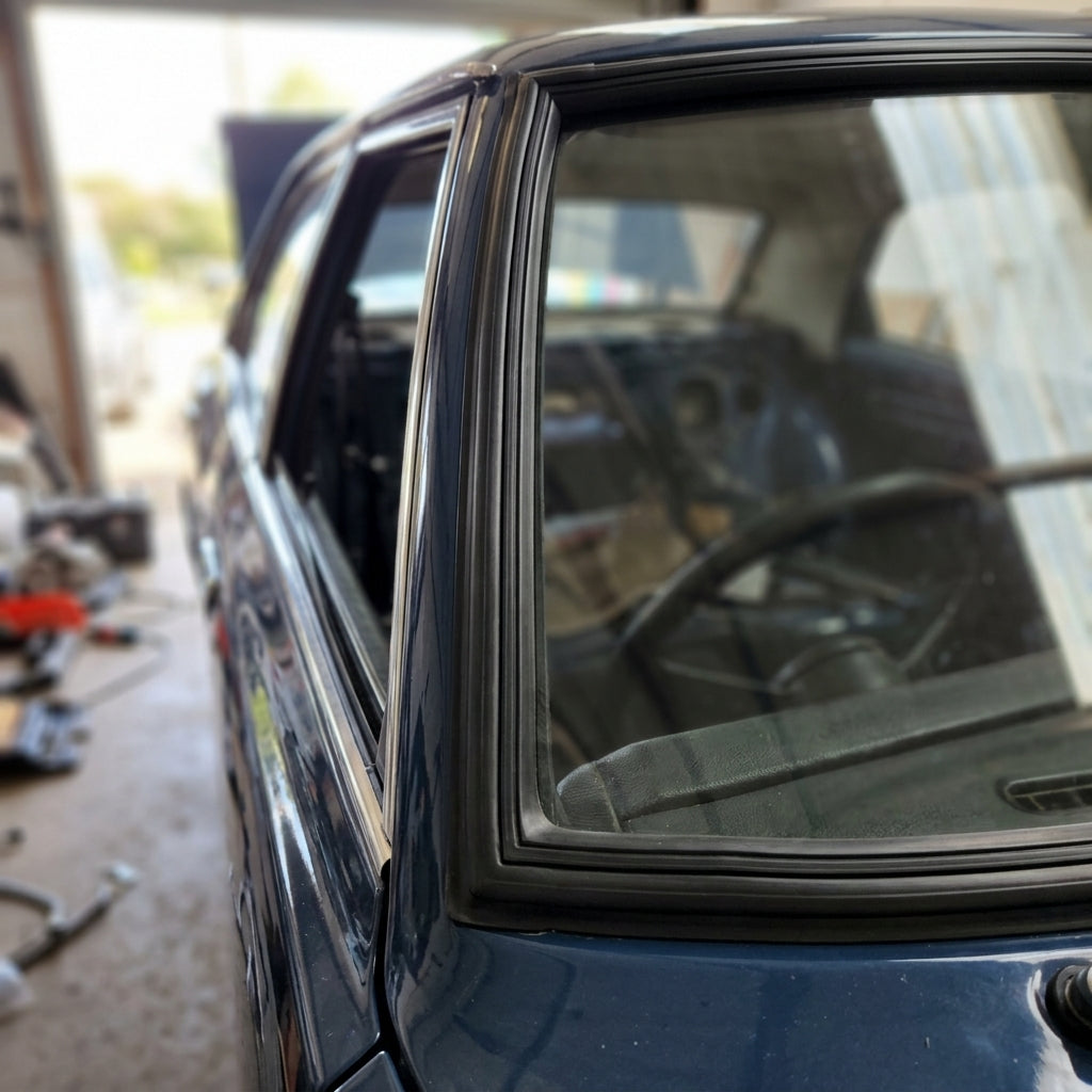 Black windscreen seal fitted to a dark blue Cortina's screen corner, workshop