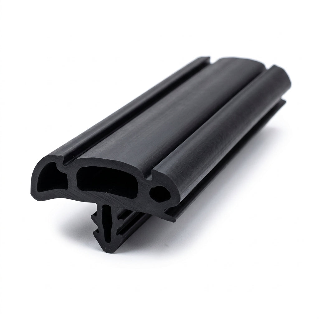 Black double-channel window seal profile, angled studio shot, white background
