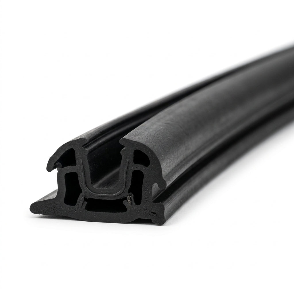 Black windscreen seal profile with locking channel, angled studio shot
