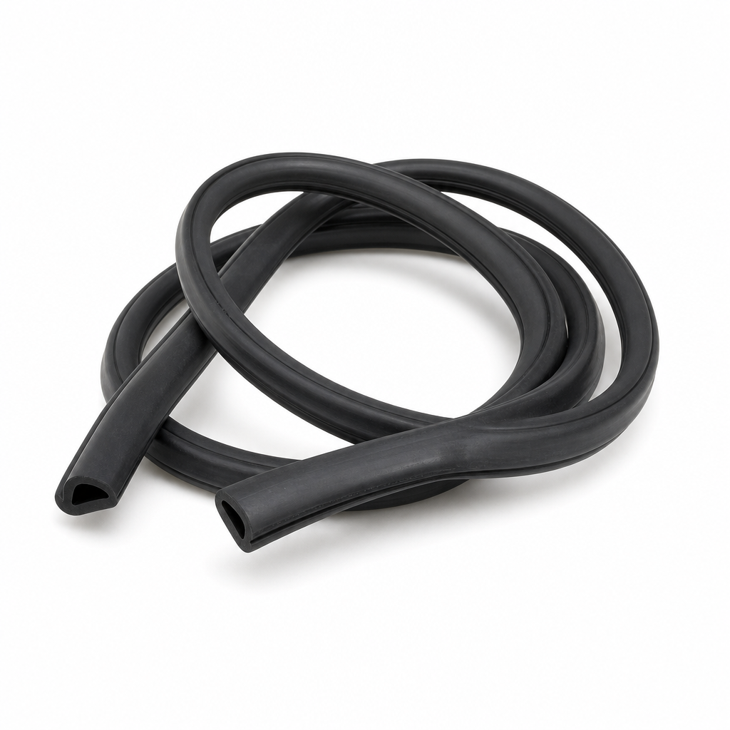Coiled length of black windscreen rubber seal on white background