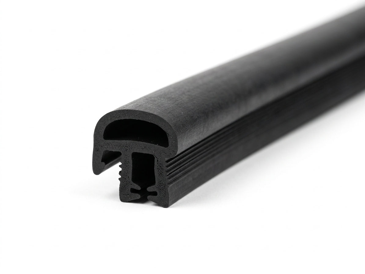 Black rubber windscreen seal with a bulb channel, close-up studio shot