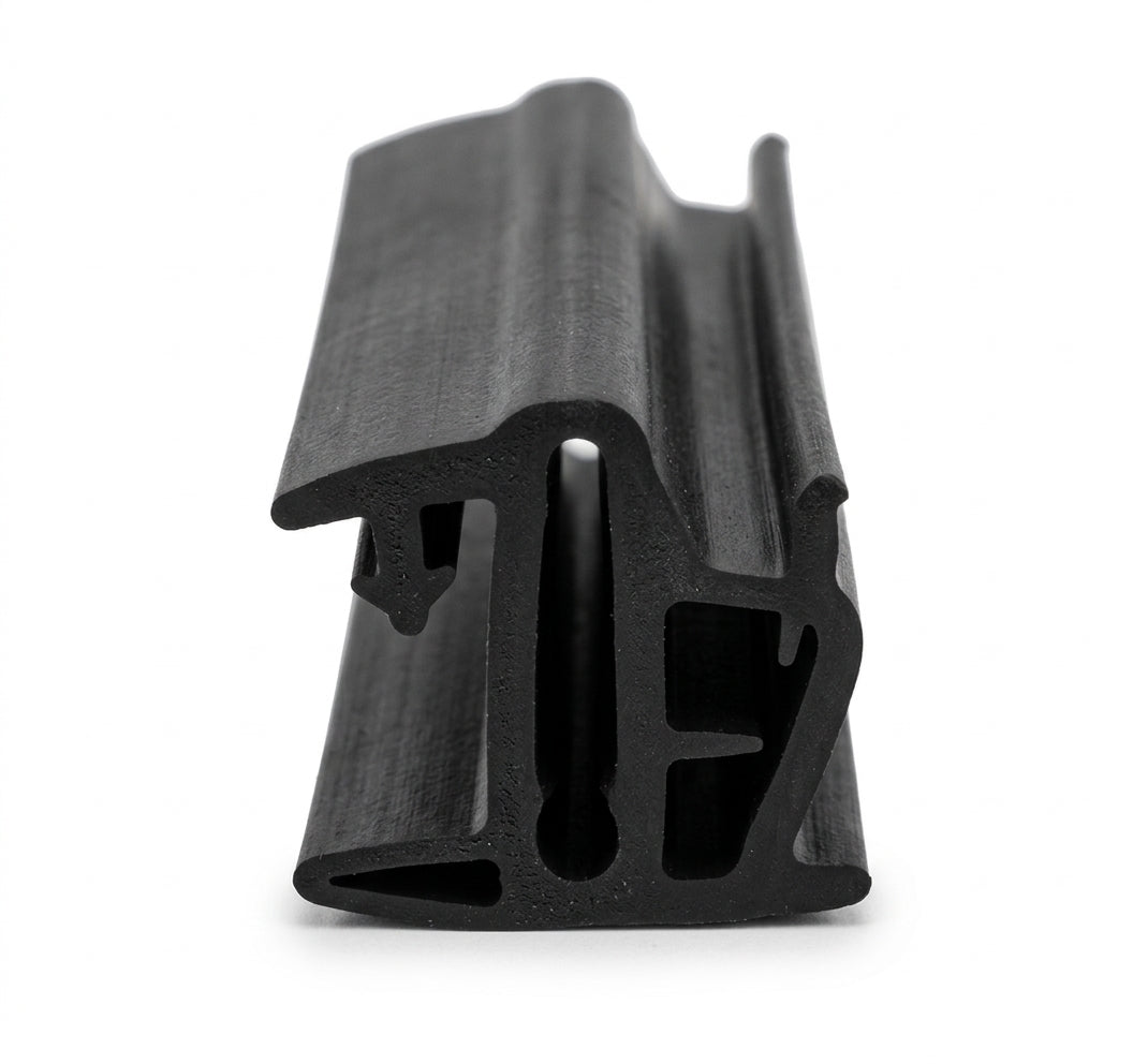 Black windscreen seal profile with double channel, front-on studio shot