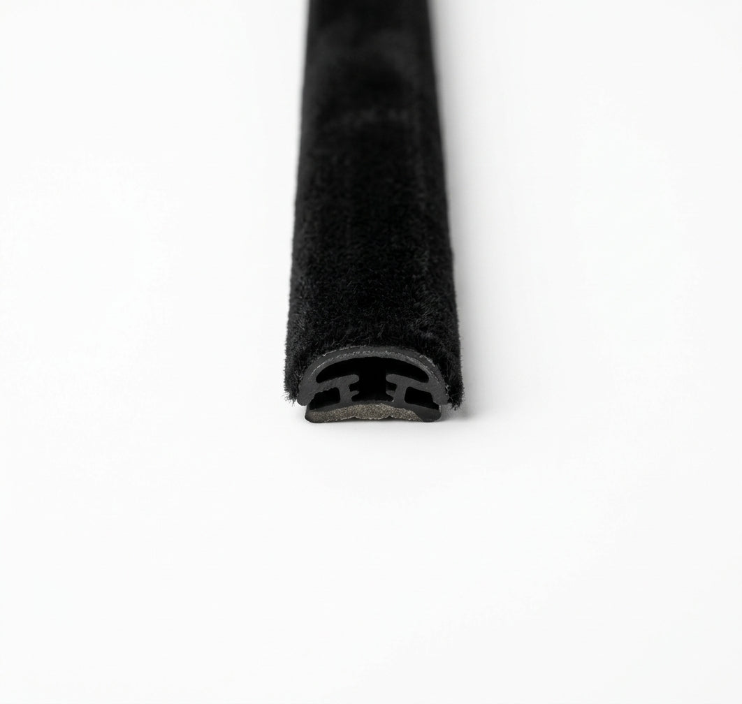 End-on view of black carpet-covered trim showing its H-shaped channel core